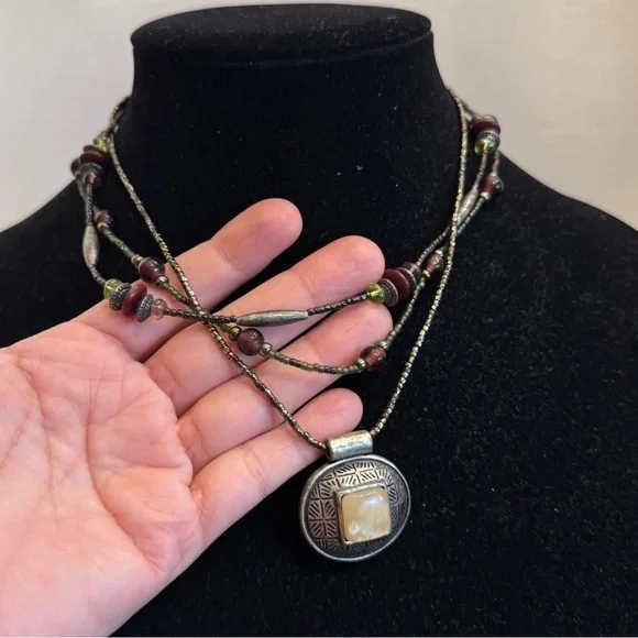 Chico's Multi Beaded String Statement Necklace Choker Green Earth tone Boho - Picture 2 of 16